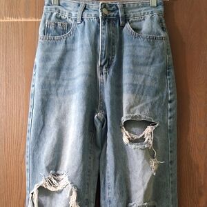 Women's Petite Size XXS Medium Wash Stretch Distressed Straight High Rise Jeans